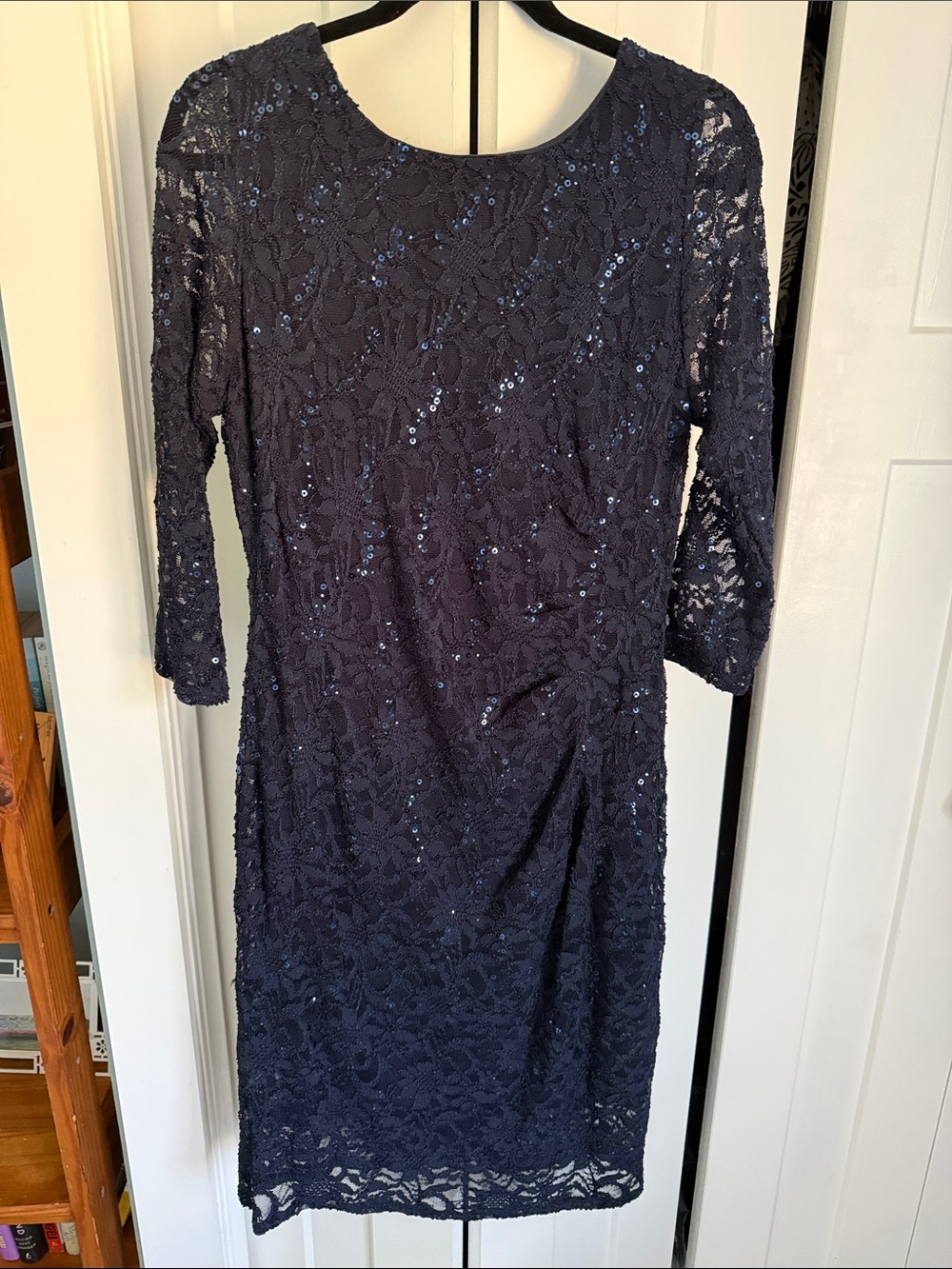 MARINA Navy Lace Sequin Sheath Dress - Long Sleeve